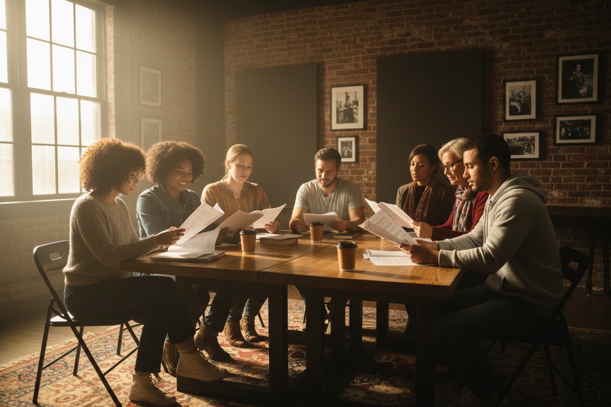 A diverse group of people sits around a wooden table in a sunlit room, reading documents together.